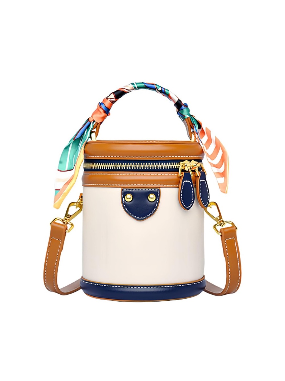 Colorblock Mini Cylinder Crossbody Bag | Top Handle Vanity Purse with Scarf